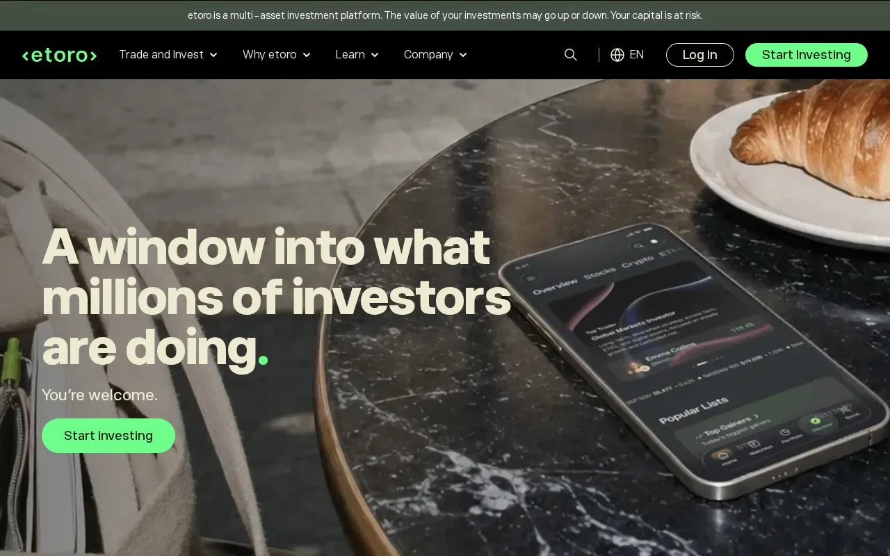 Screenshot of the eToro homepage