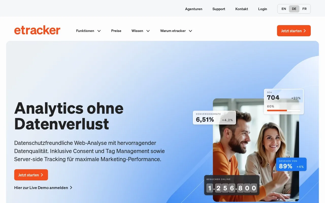Screenshot of the etracker analytics homepage