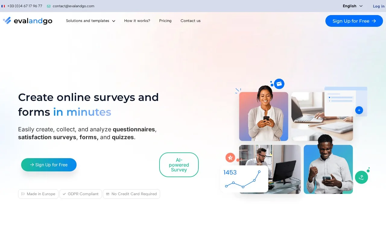 Screenshot of the Evalandgo homepage