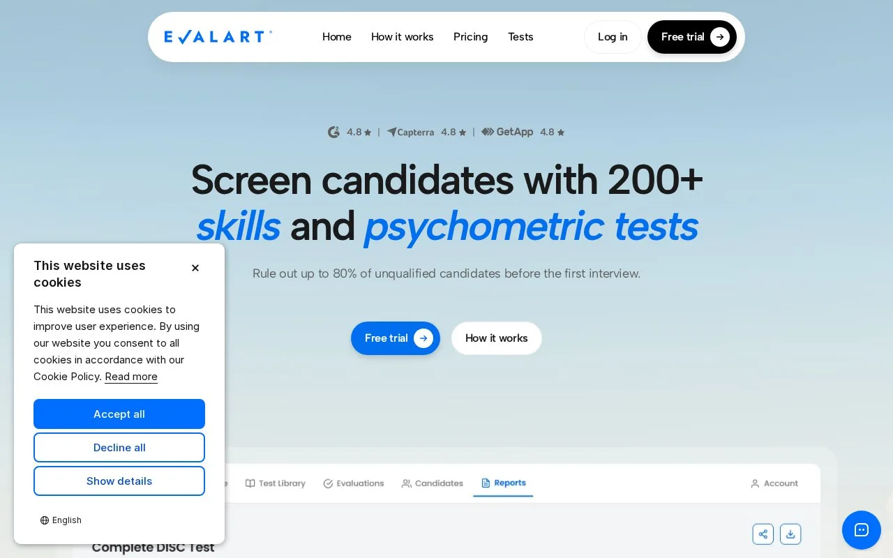 Screenshot of the Evalart homepage