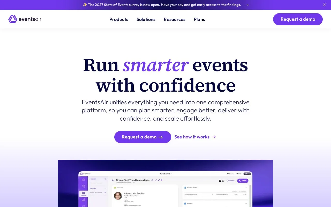 Screenshot of the EventsAir homepage
