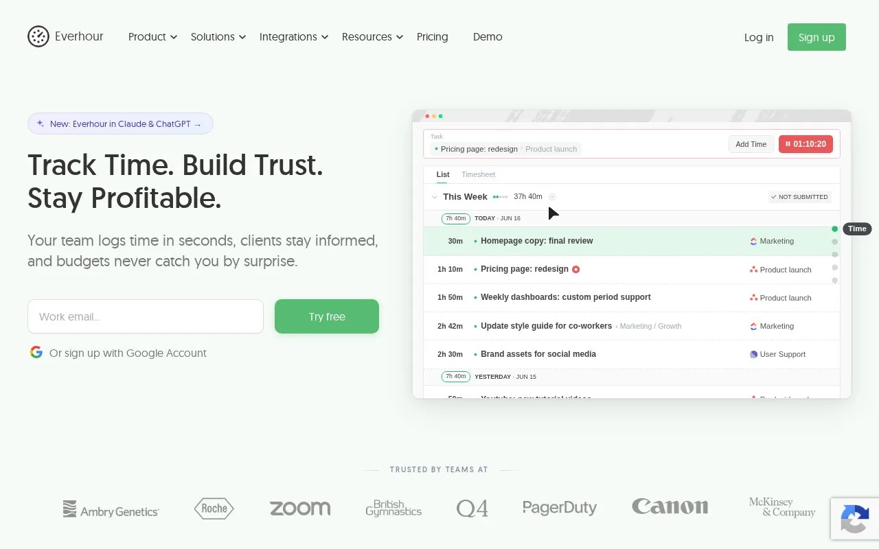 Screenshot of the Everhour homepage