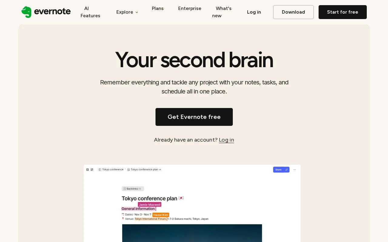 Screenshot of the Evernote homepage