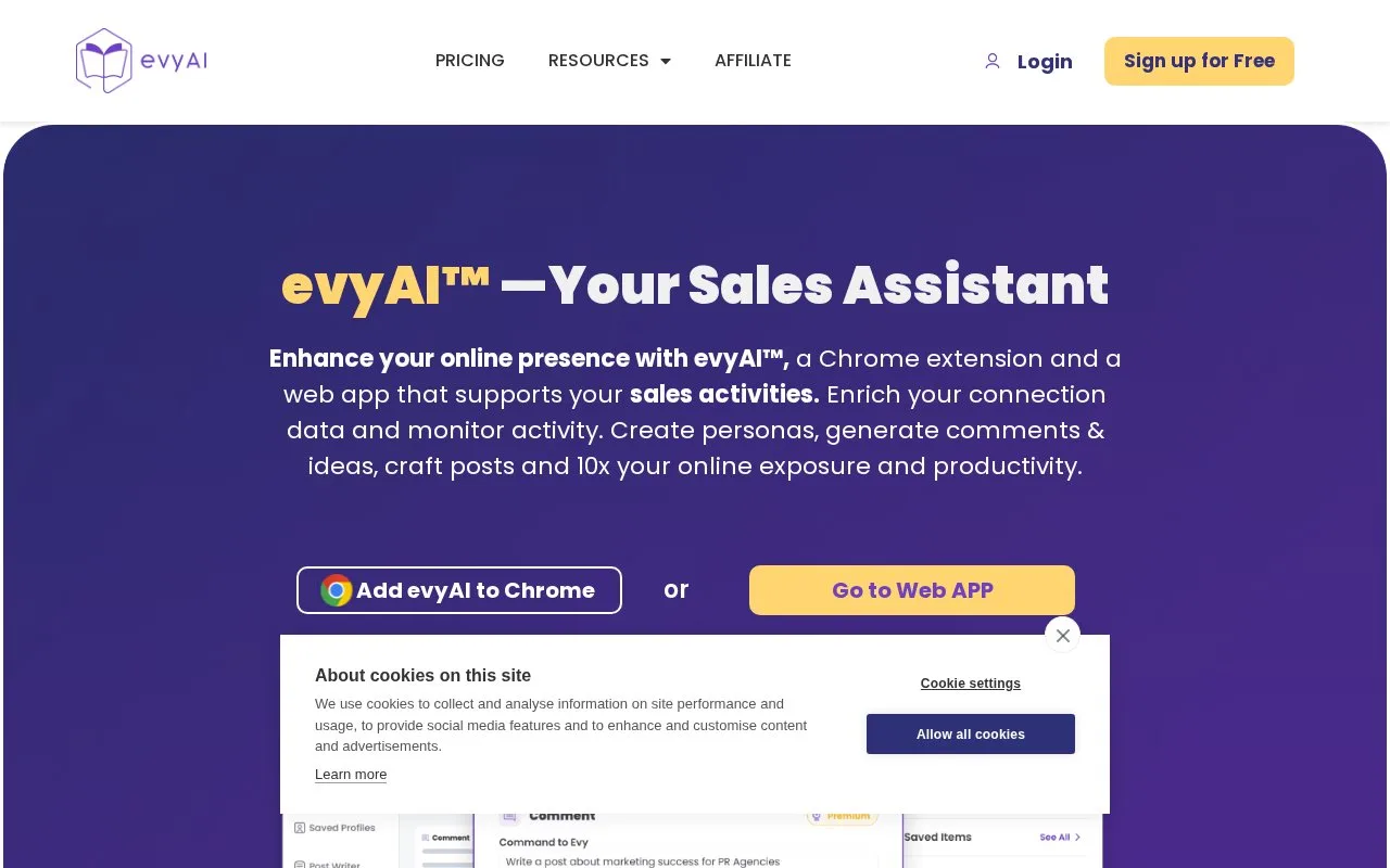 Screenshot of the evyAI homepage