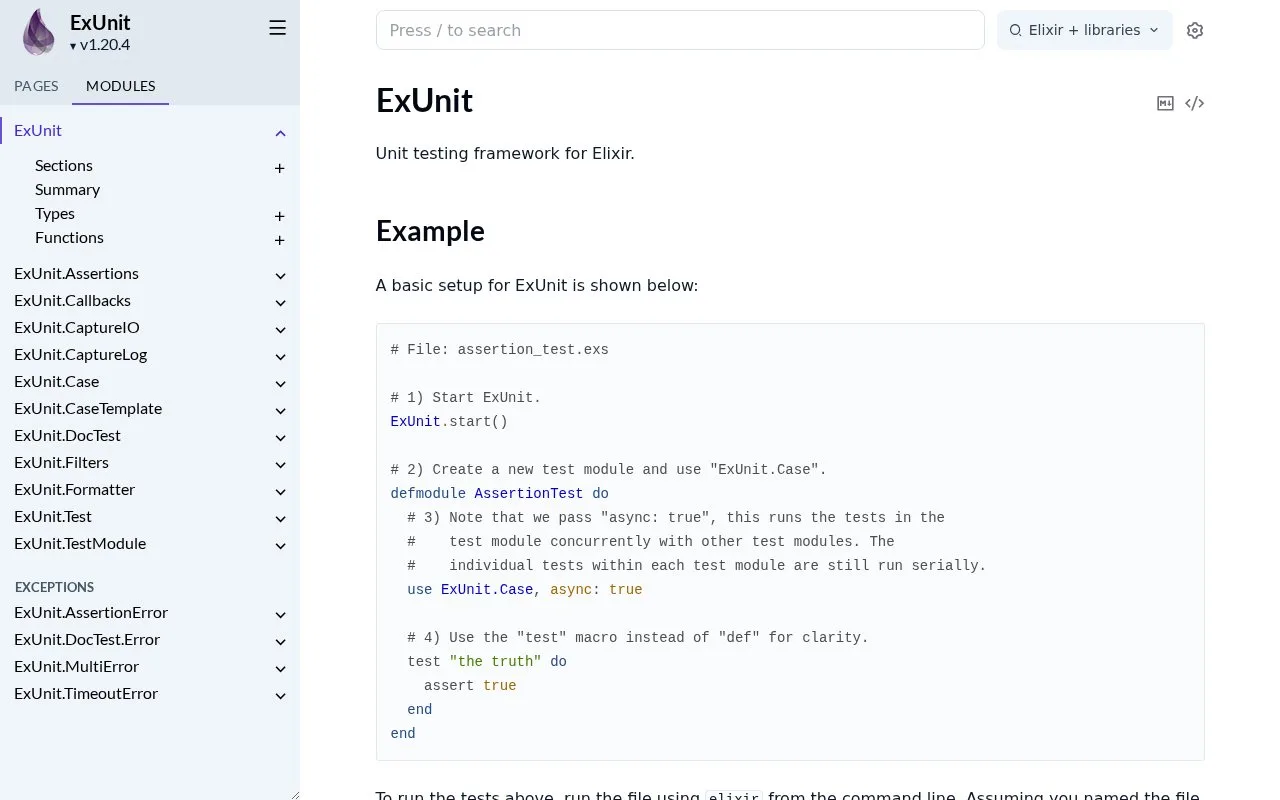 Screenshot of the ExUnit homepage