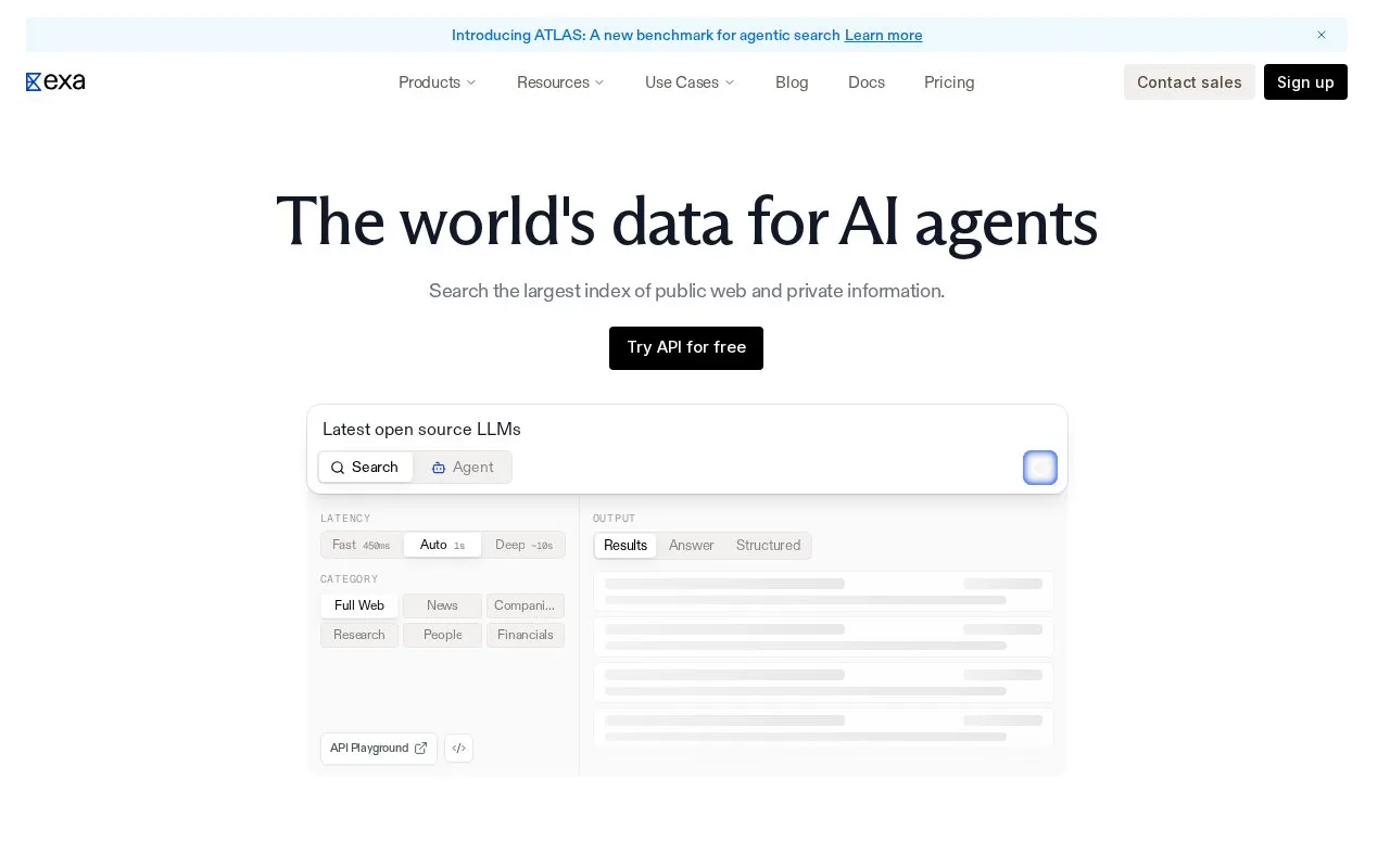Screenshot of the Exa homepage
