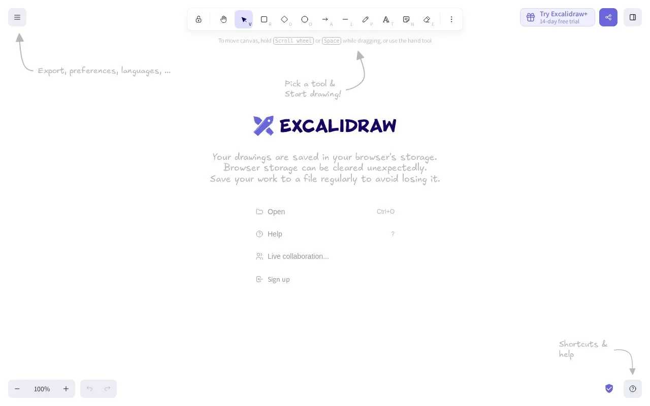 Screenshot of the Excalidraw homepage