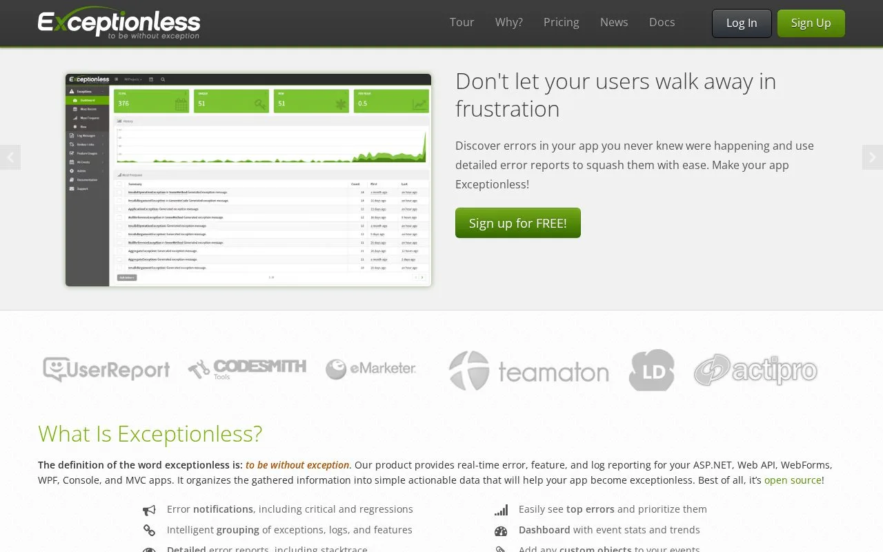 Screenshot of the Exceptionless homepage