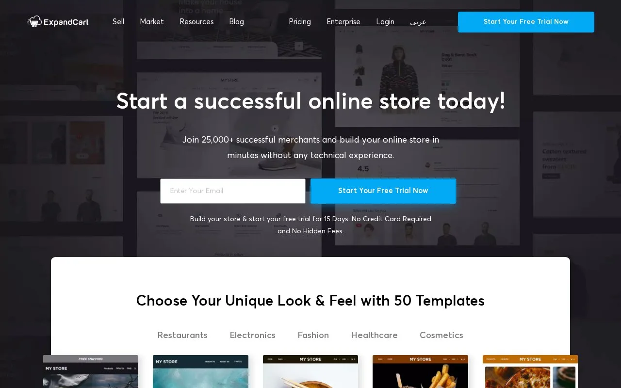 Screenshot of the ExpandCart homepage