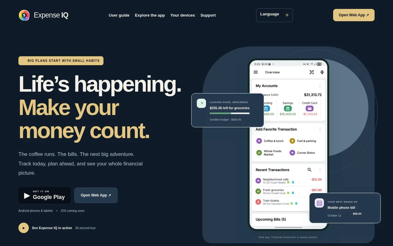 Screenshot of the Expense IQ homepage