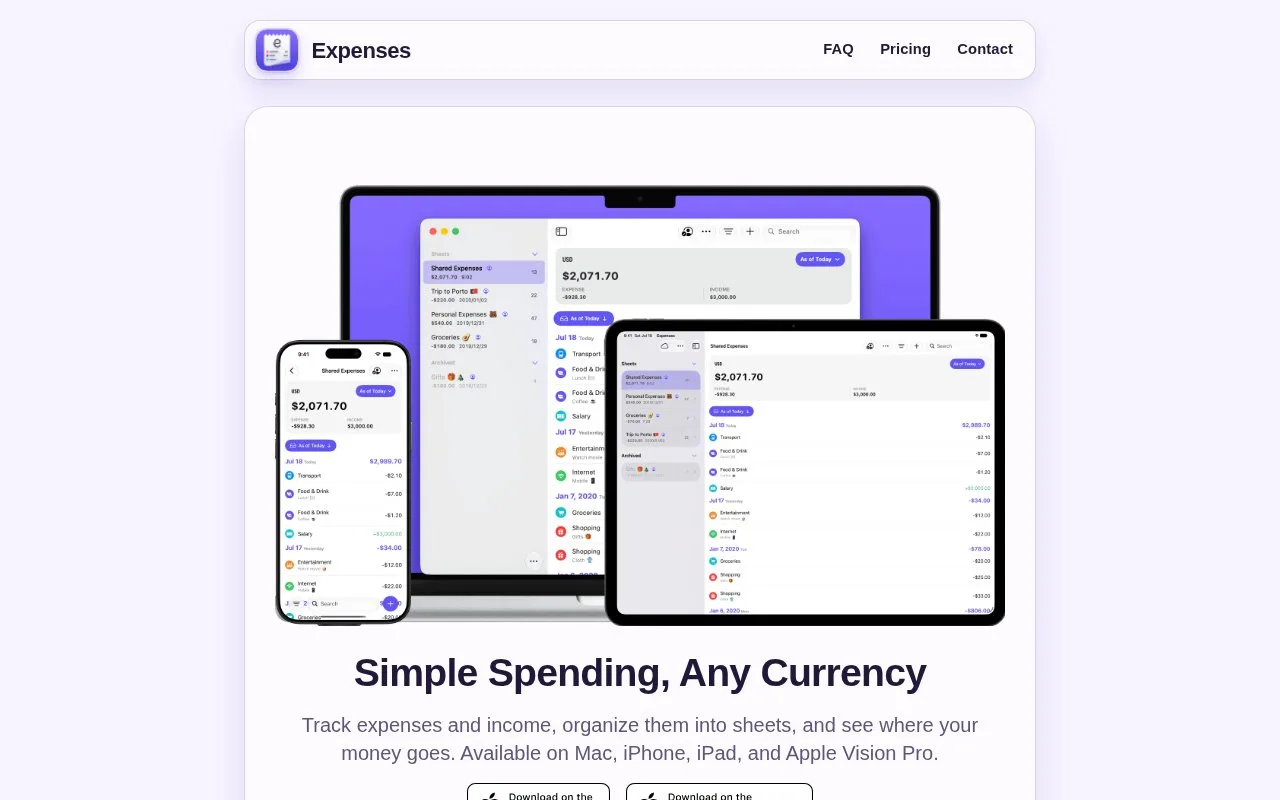 Screenshot of the Expenses by Blue Comet Labs homepage