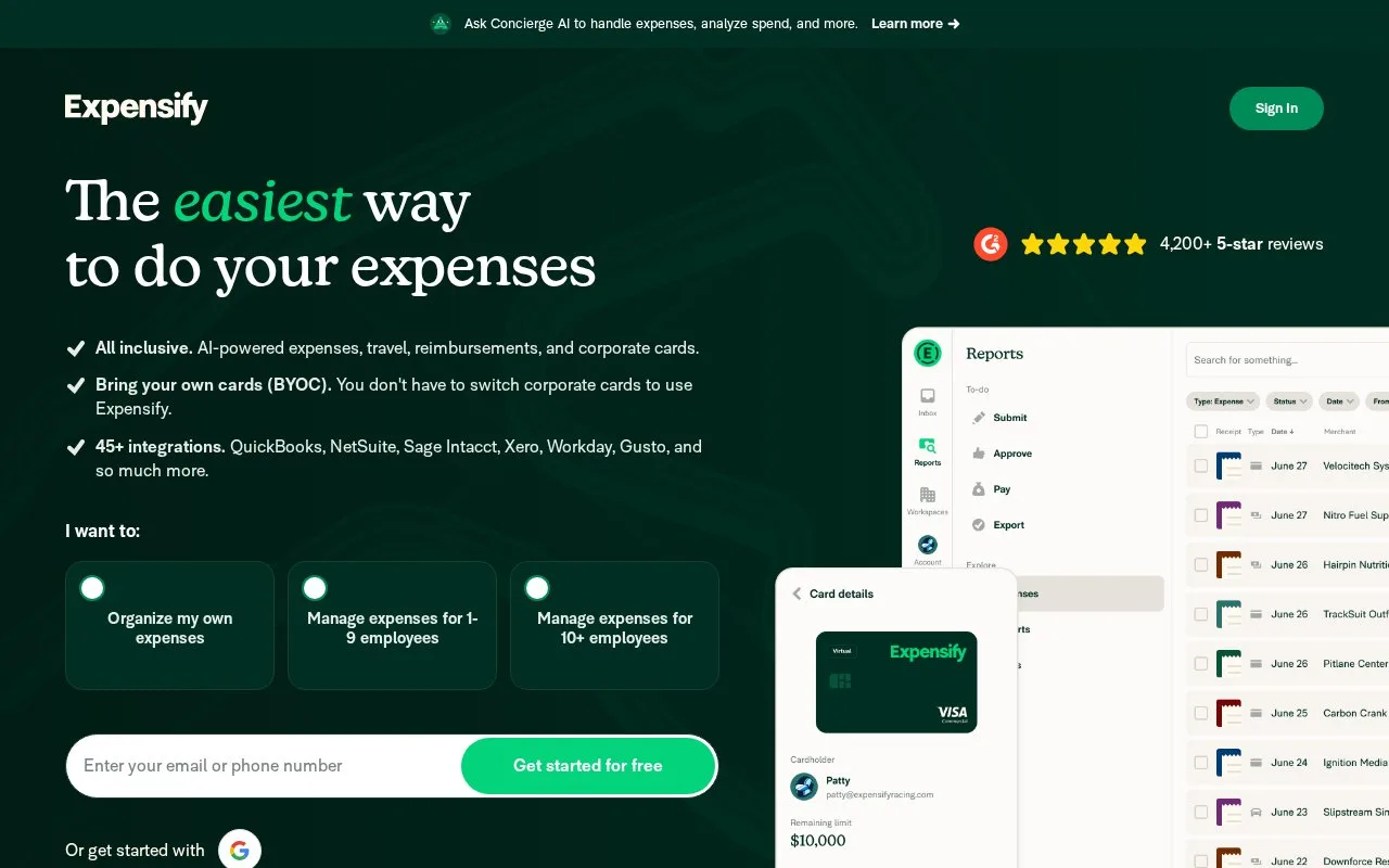 Screenshot of the Expensify homepage