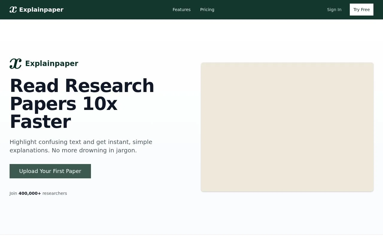 Screenshot of the Explainpaper homepage