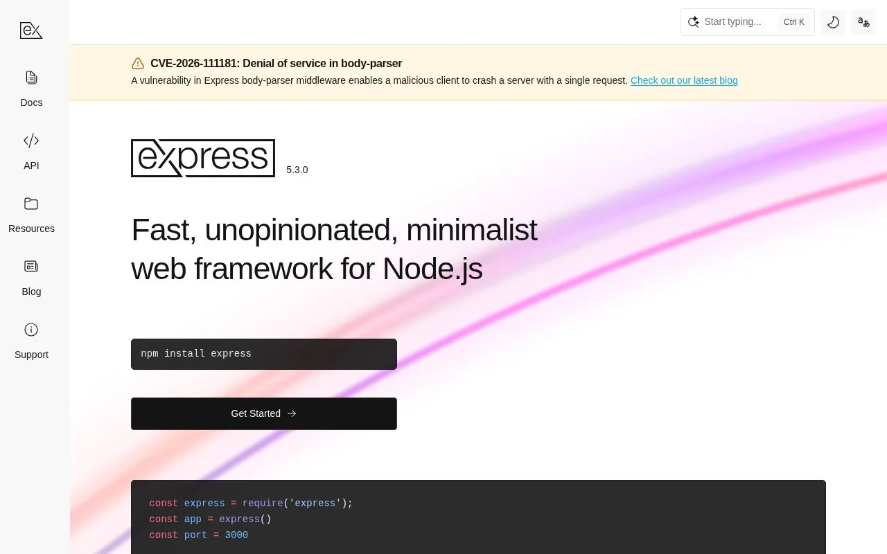 Screenshot of the Express.js homepage