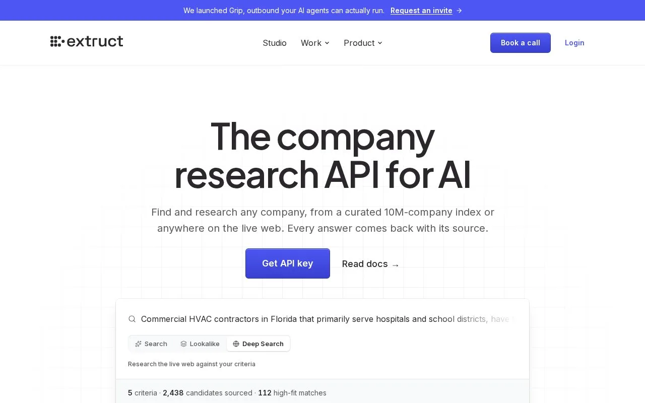 Screenshot of the Extruct AI homepage