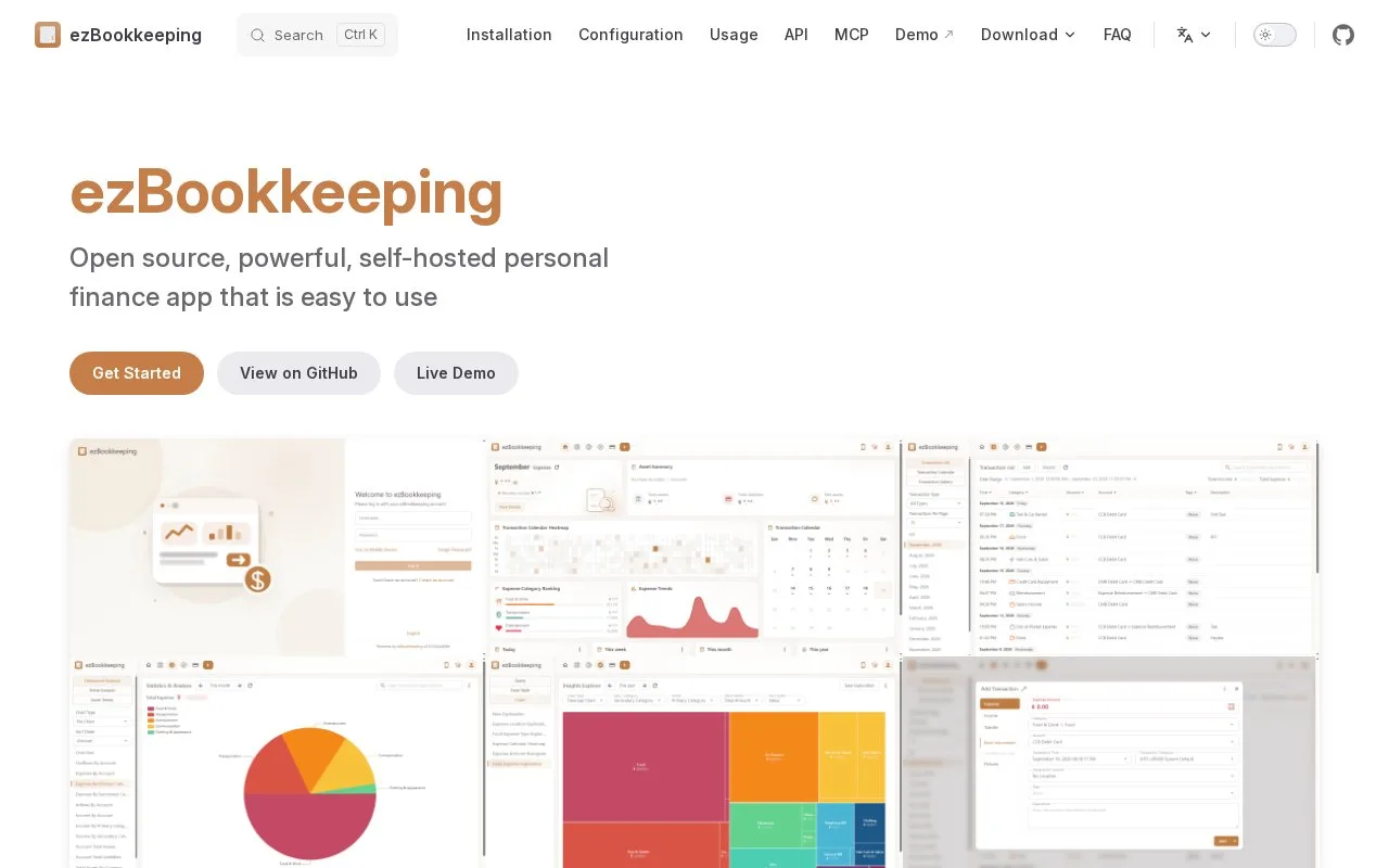 Screenshot of the ezBookkeeping homepage