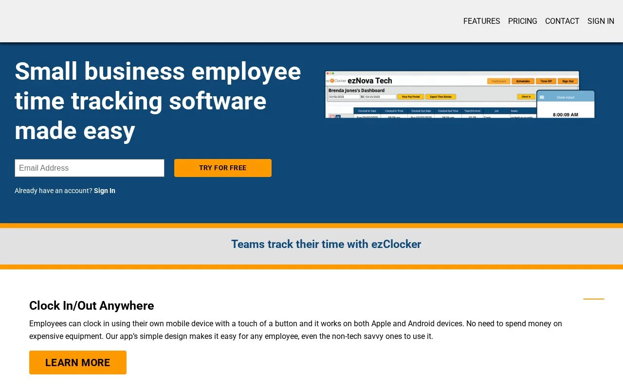 Screenshot of the ezClocker homepage