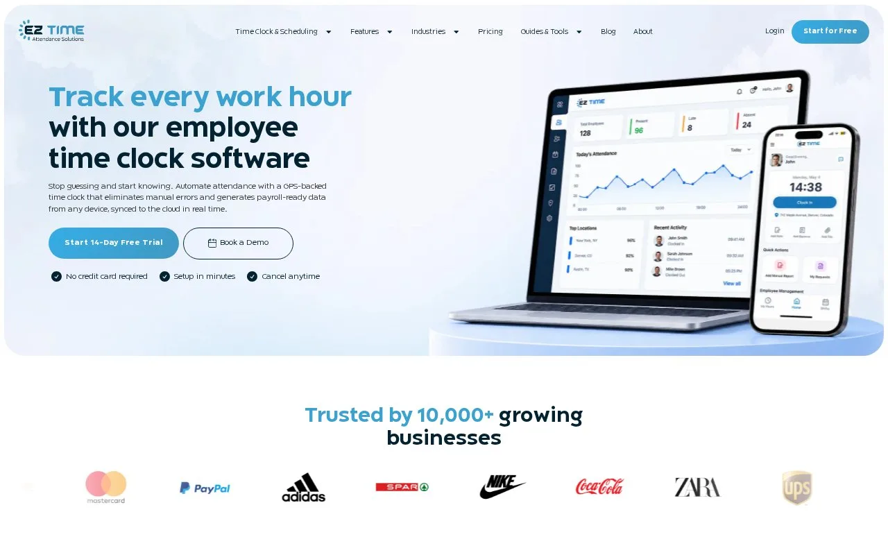 Screenshot of the EZTime homepage