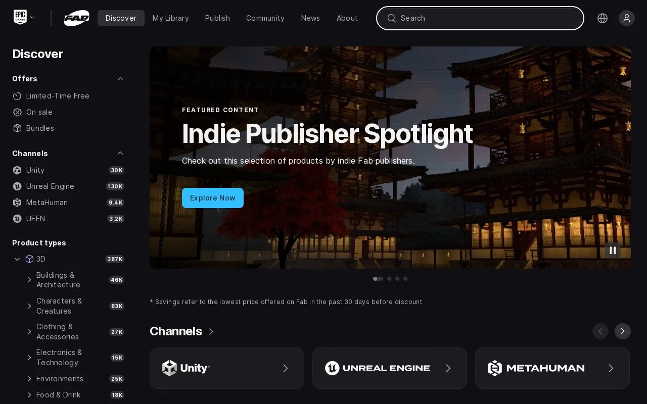 Screenshot of the Fab homepage