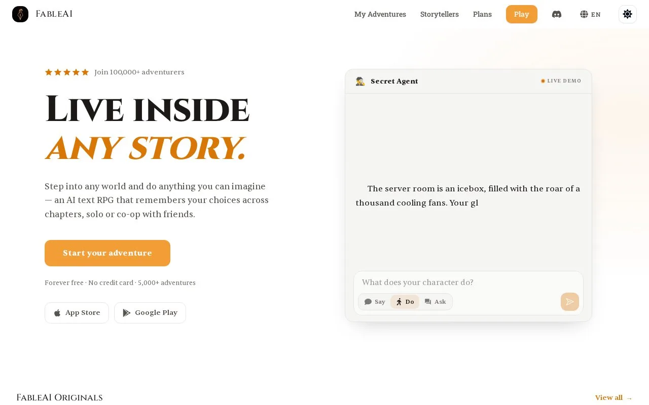 Screenshot of the FableAI homepage