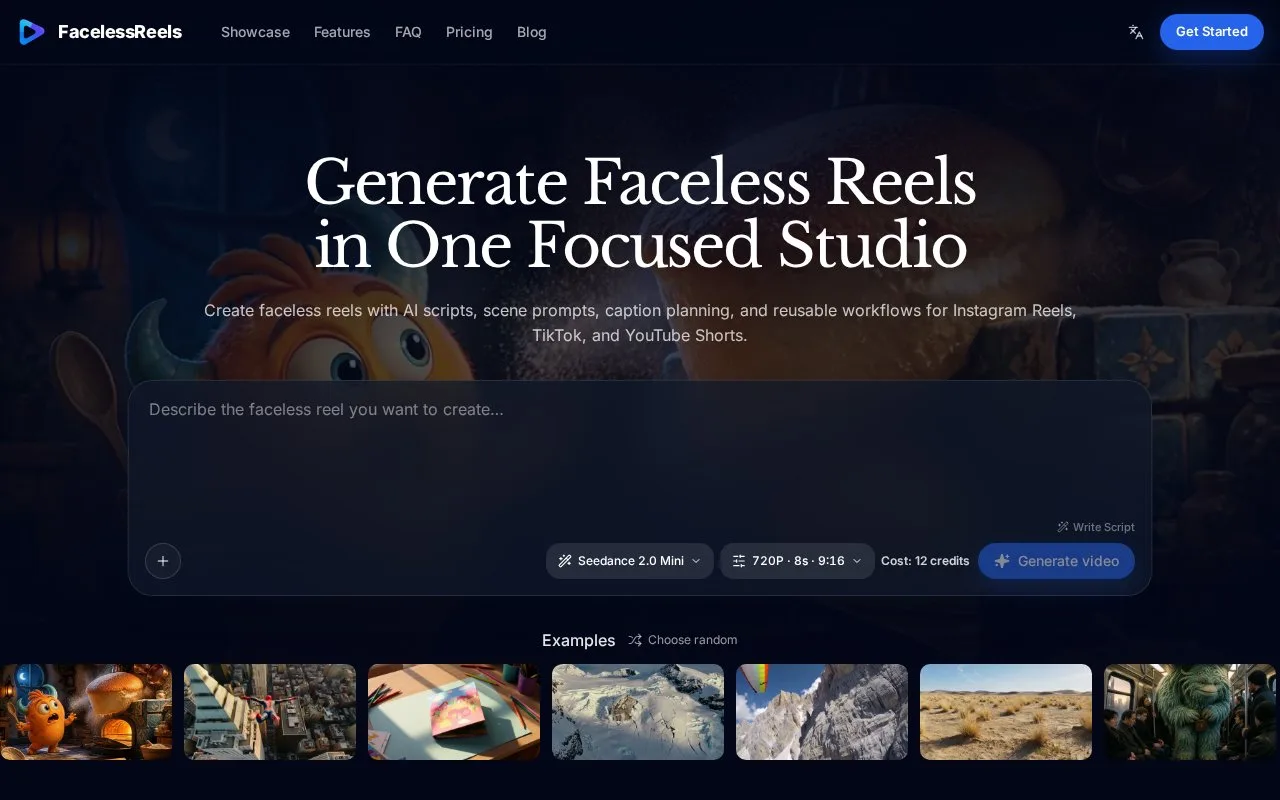 Screenshot of the FacelessReels homepage