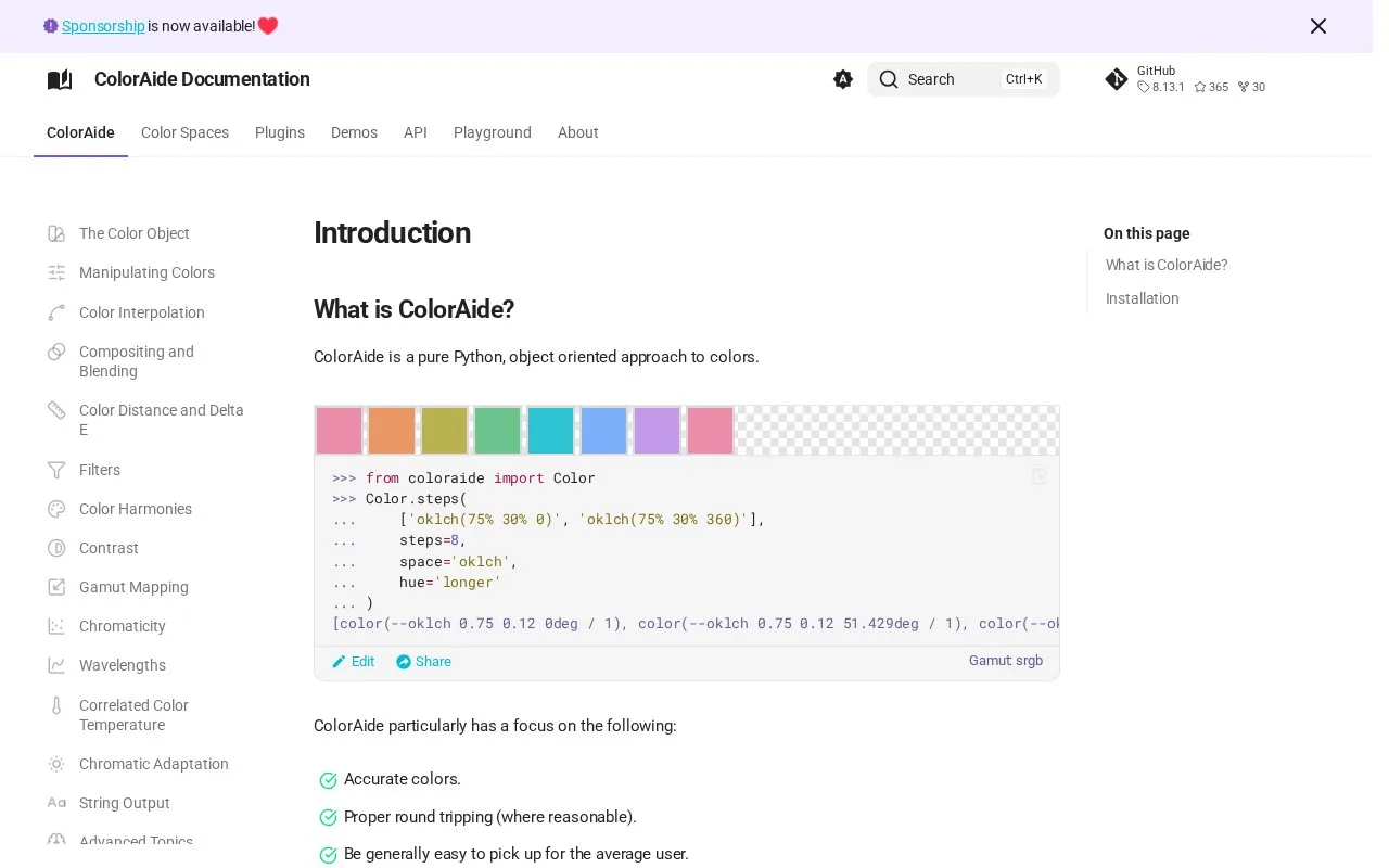 Screenshot of the ColorAide homepage