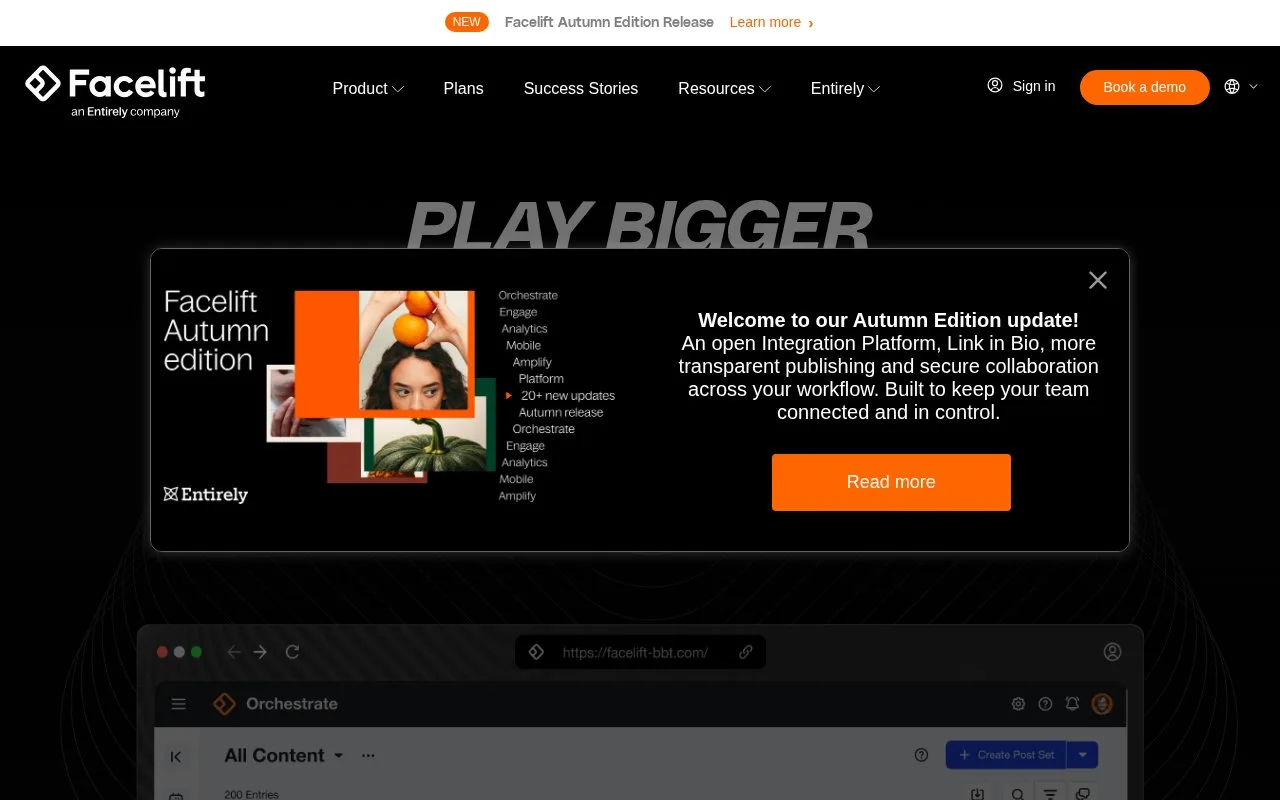 Screenshot of the Facelift homepage