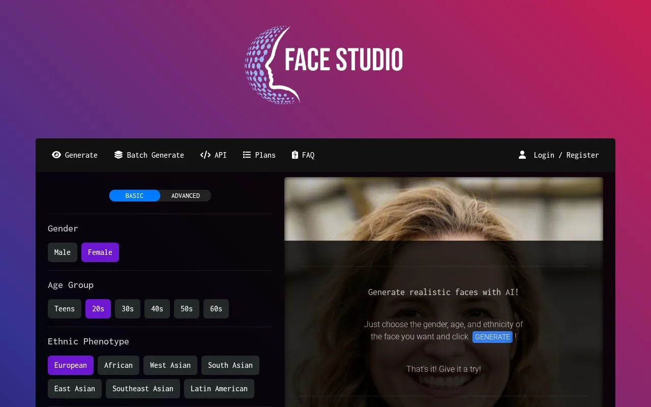 Screenshot of the Face Studio homepage