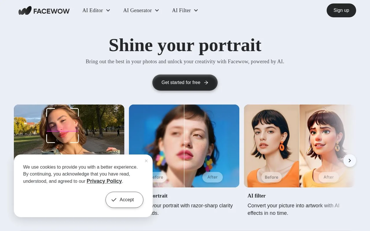 Screenshot of the Facewow homepage