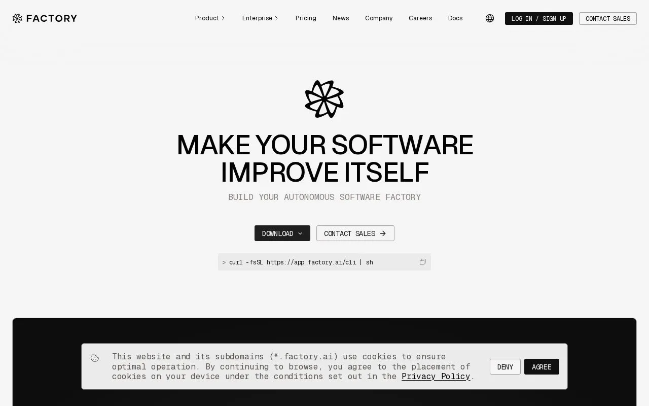 Screenshot of the Factory homepage