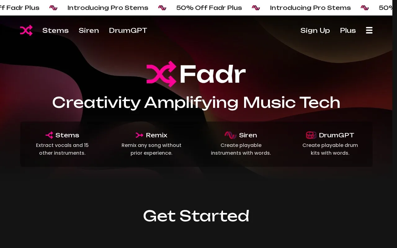 Screenshot of the Fadr homepage