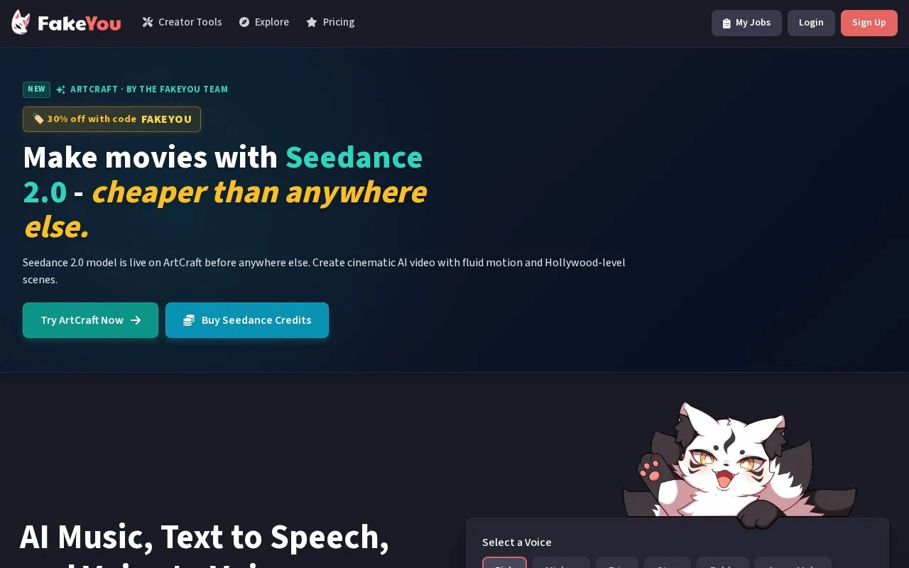 Screenshot of the FakeYou homepage