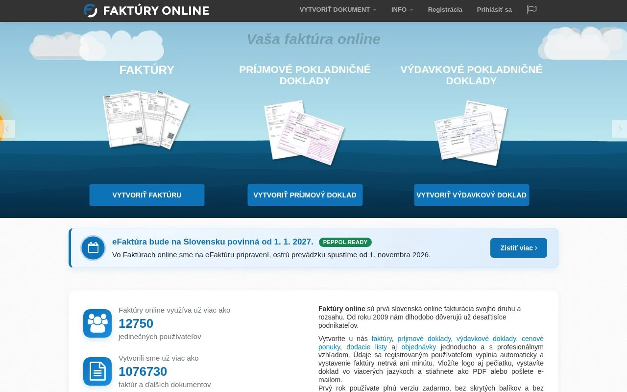 Screenshot of the Faktúry online homepage