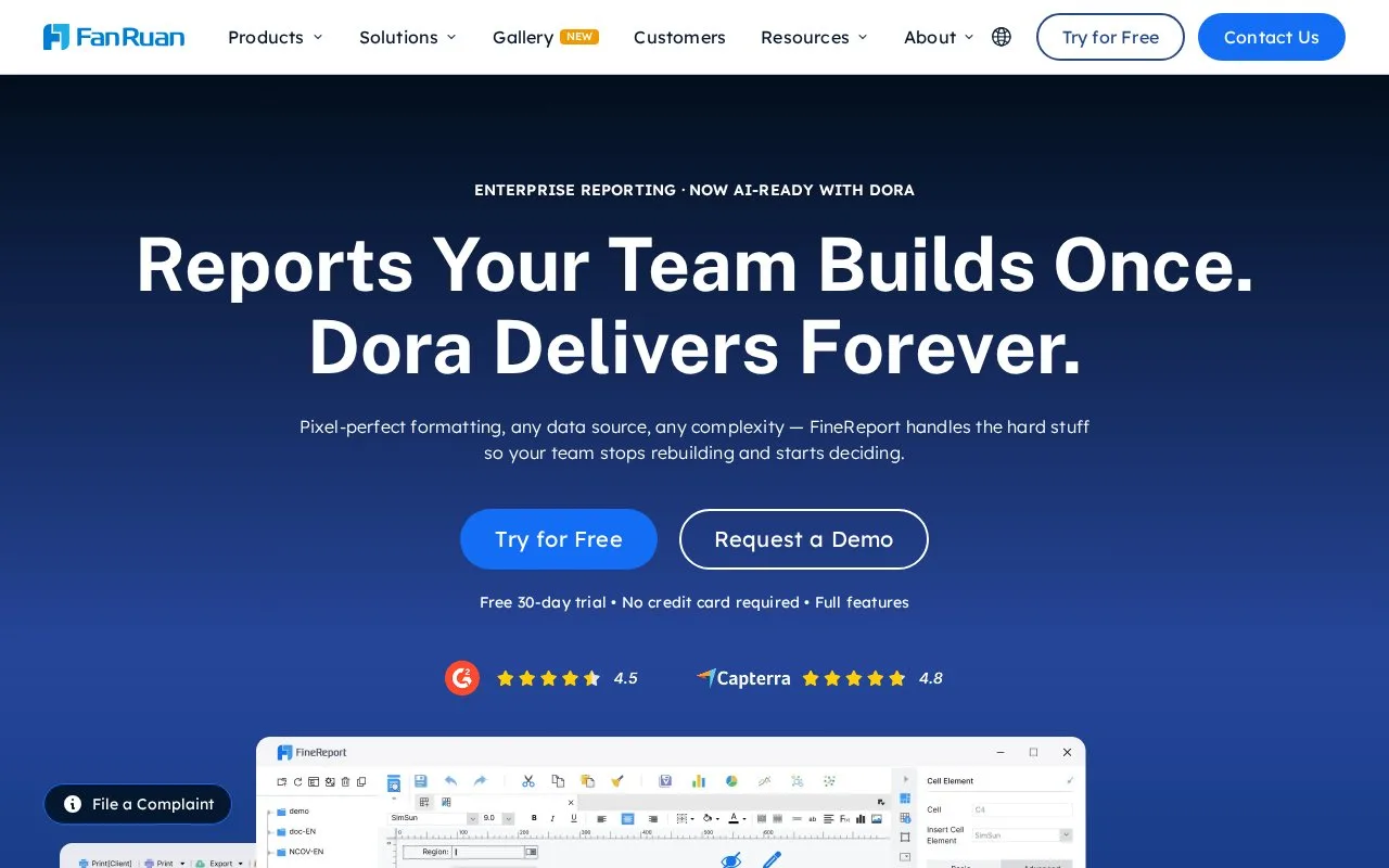 Screenshot of the FineReport homepage
