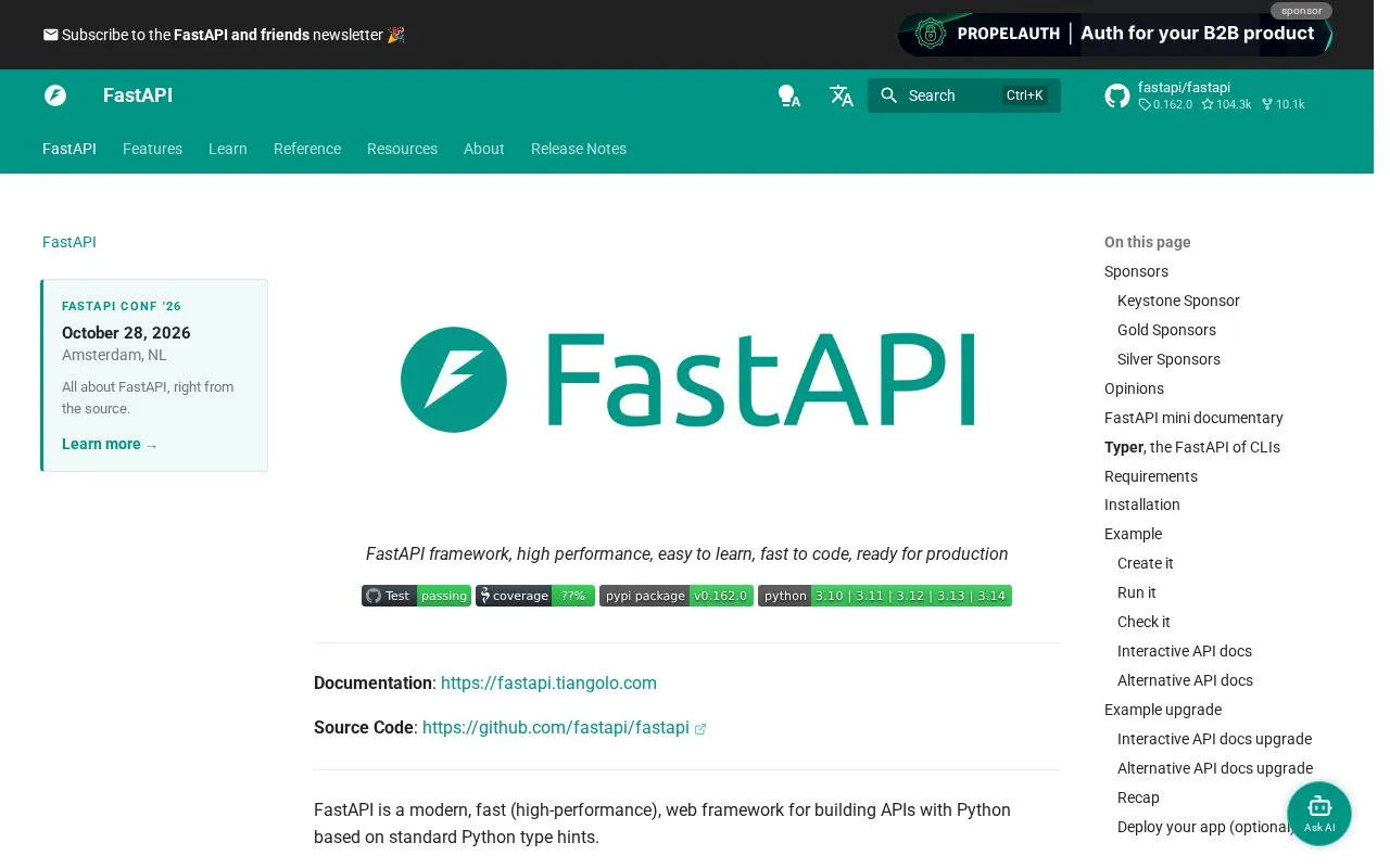 Screenshot of the FastAPI homepage