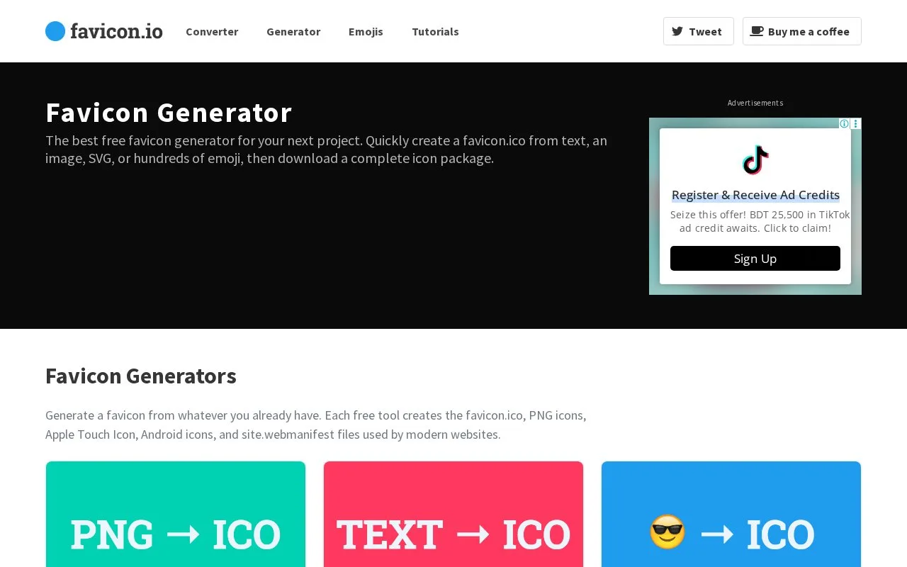 Screenshot of the favicon.io homepage