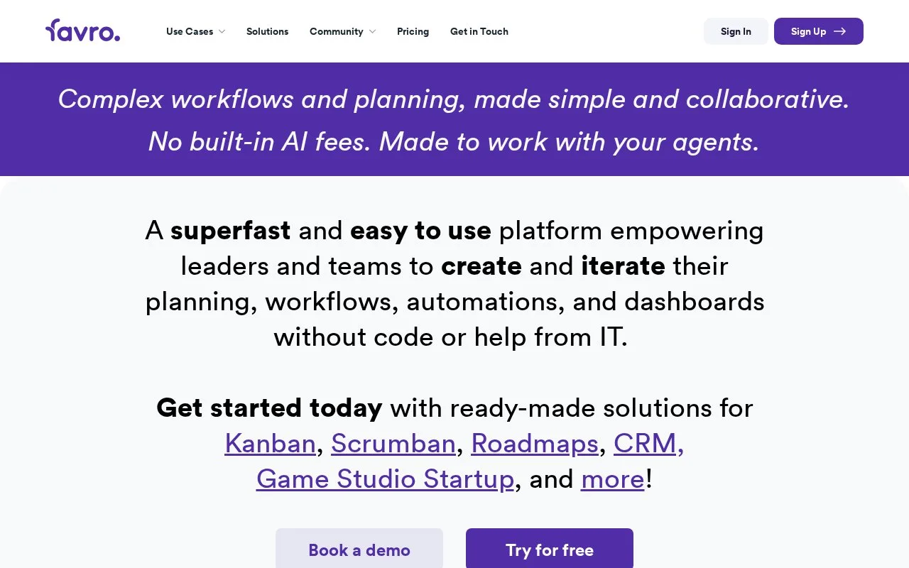 Screenshot of the Favro homepage