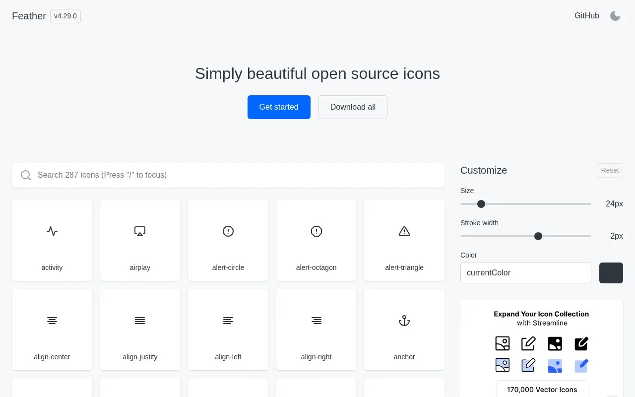 Screenshot of the Feather homepage