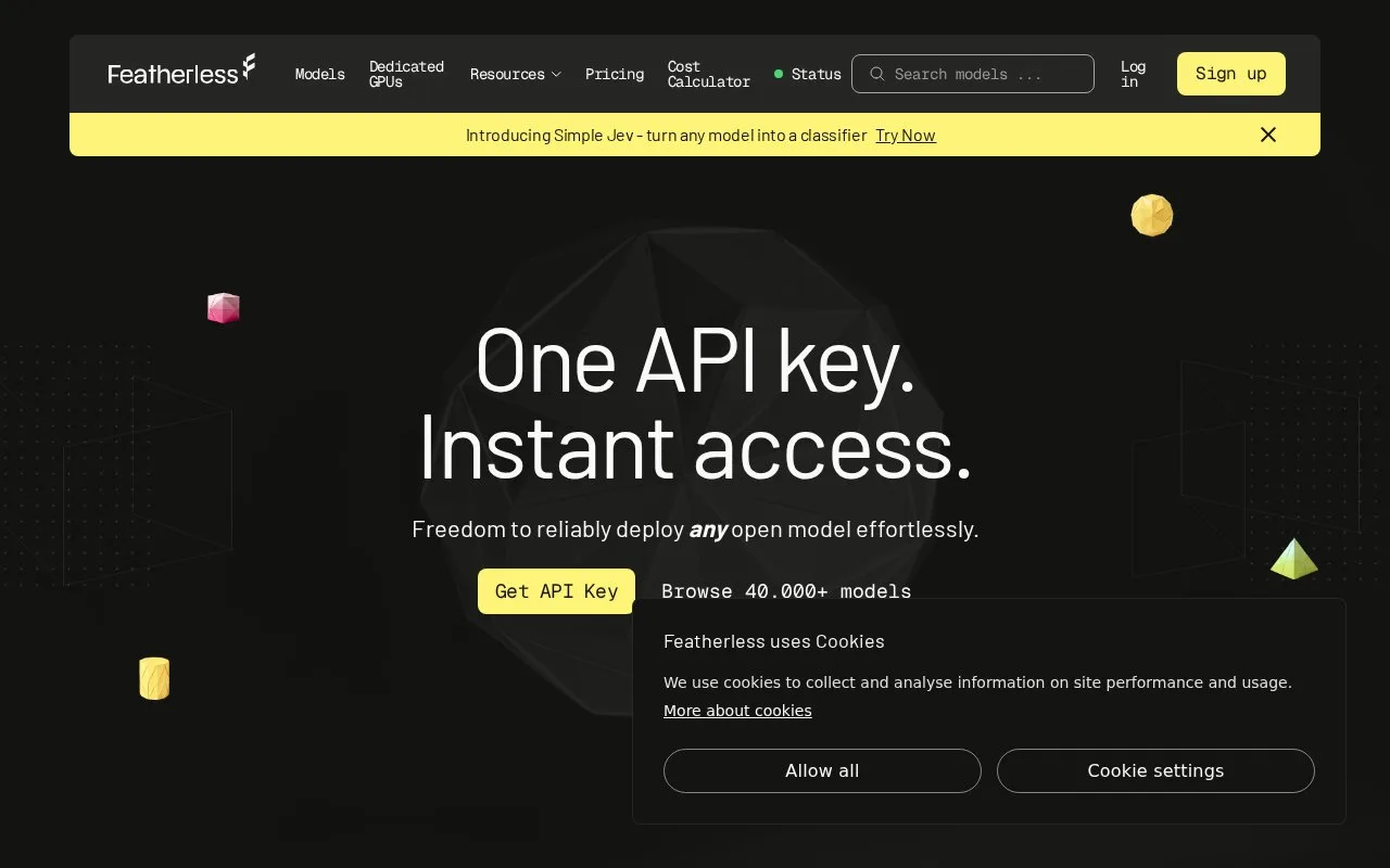 Screenshot of the Featherless homepage