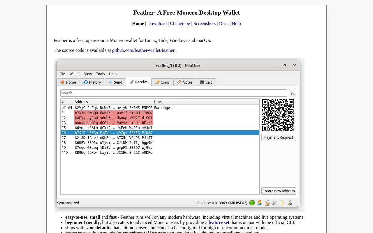 Screenshot of the Feather Wallet homepage