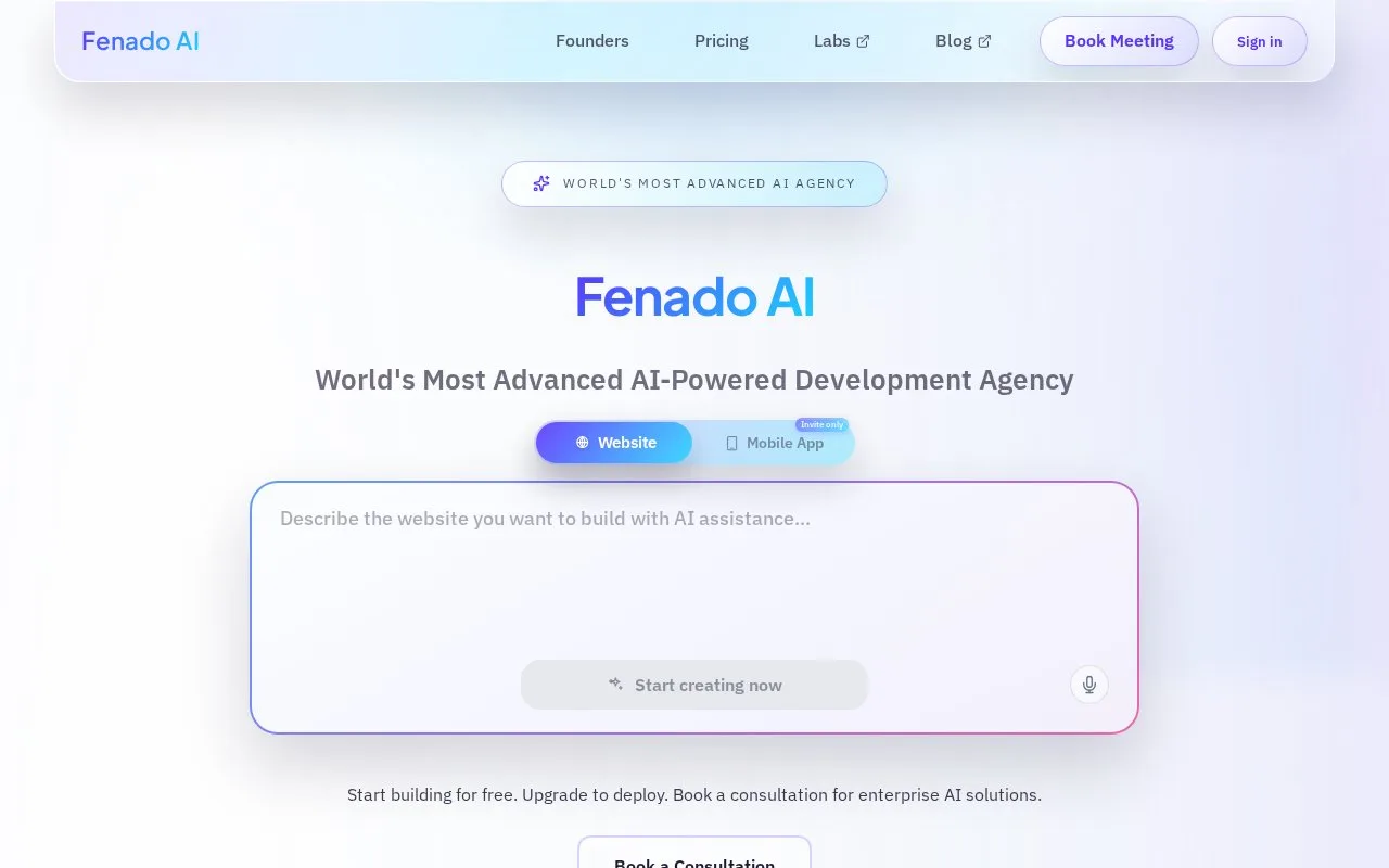 Screenshot of the Fenado AI homepage