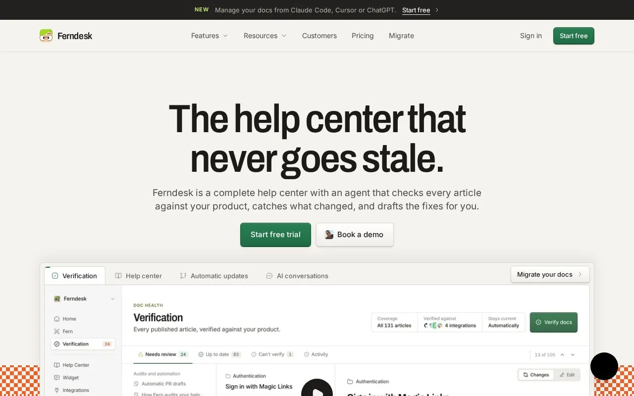 Screenshot of the Ferndesk homepage