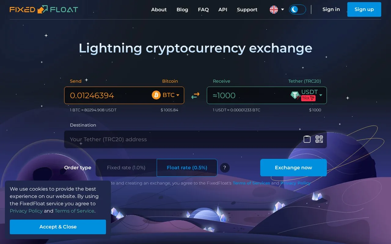 Screenshot of the FixedFloat homepage