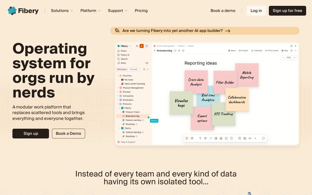 Screenshot of the Fibery homepage