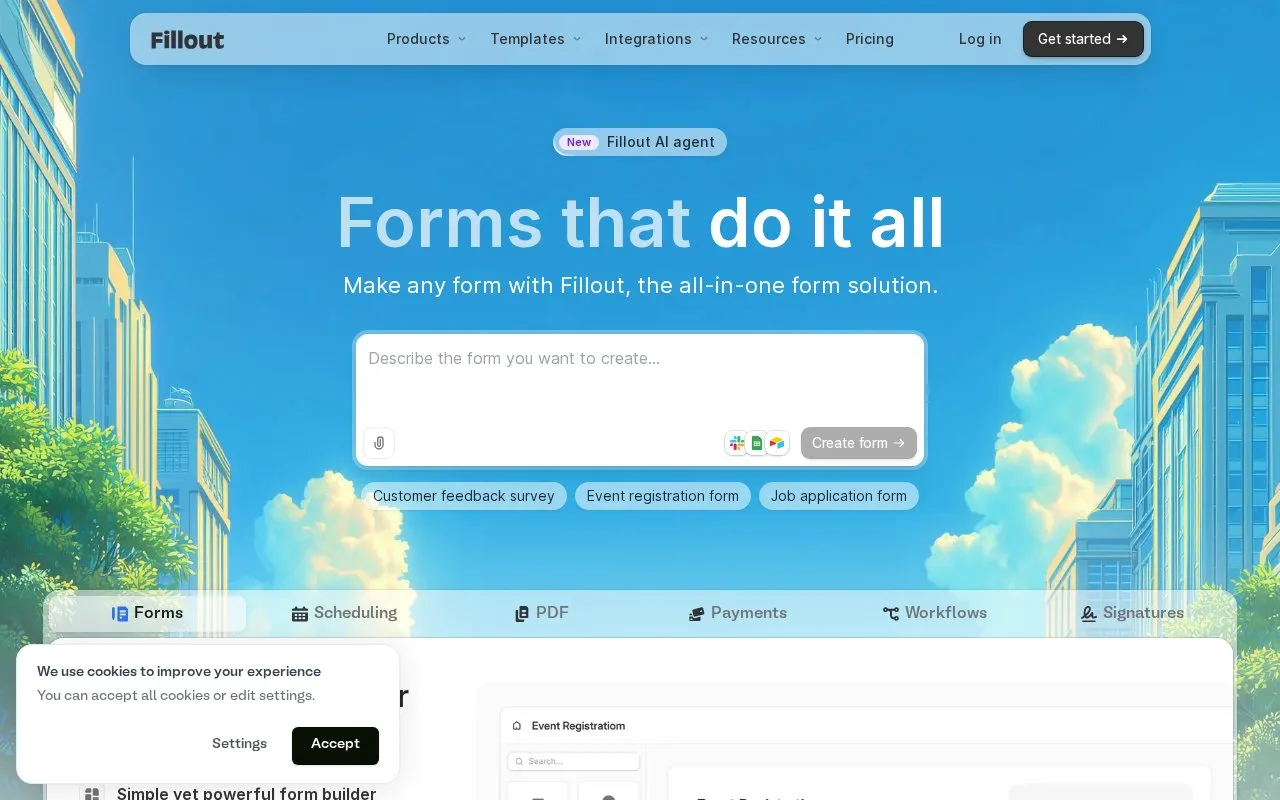 Screenshot of the Fillout homepage