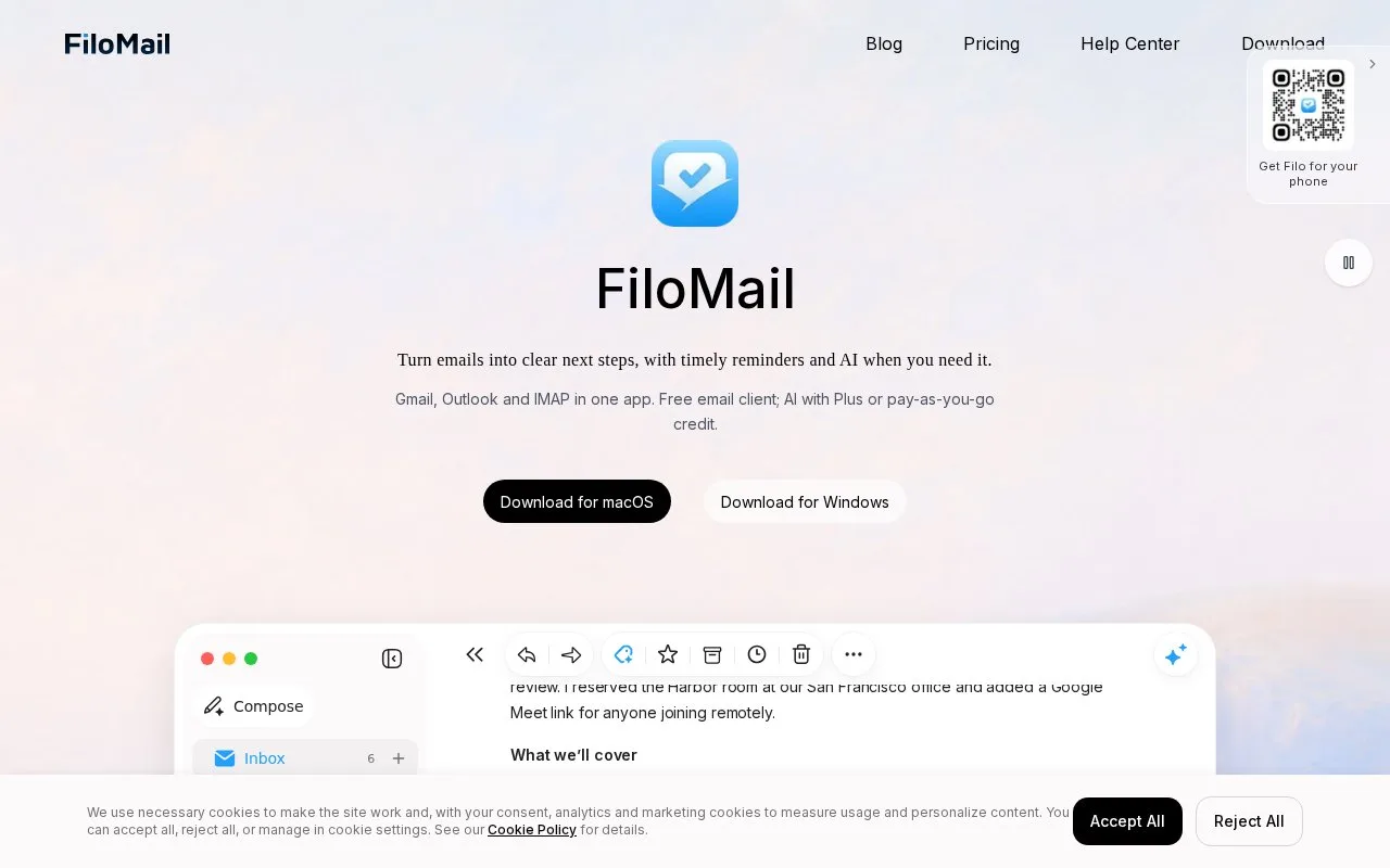 Screenshot of the FiloMail homepage