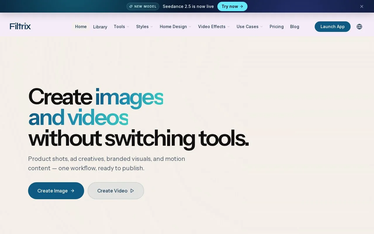 Screenshot of the Filtrix AI homepage