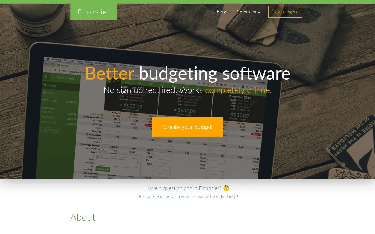 Screenshot of the Financier homepage