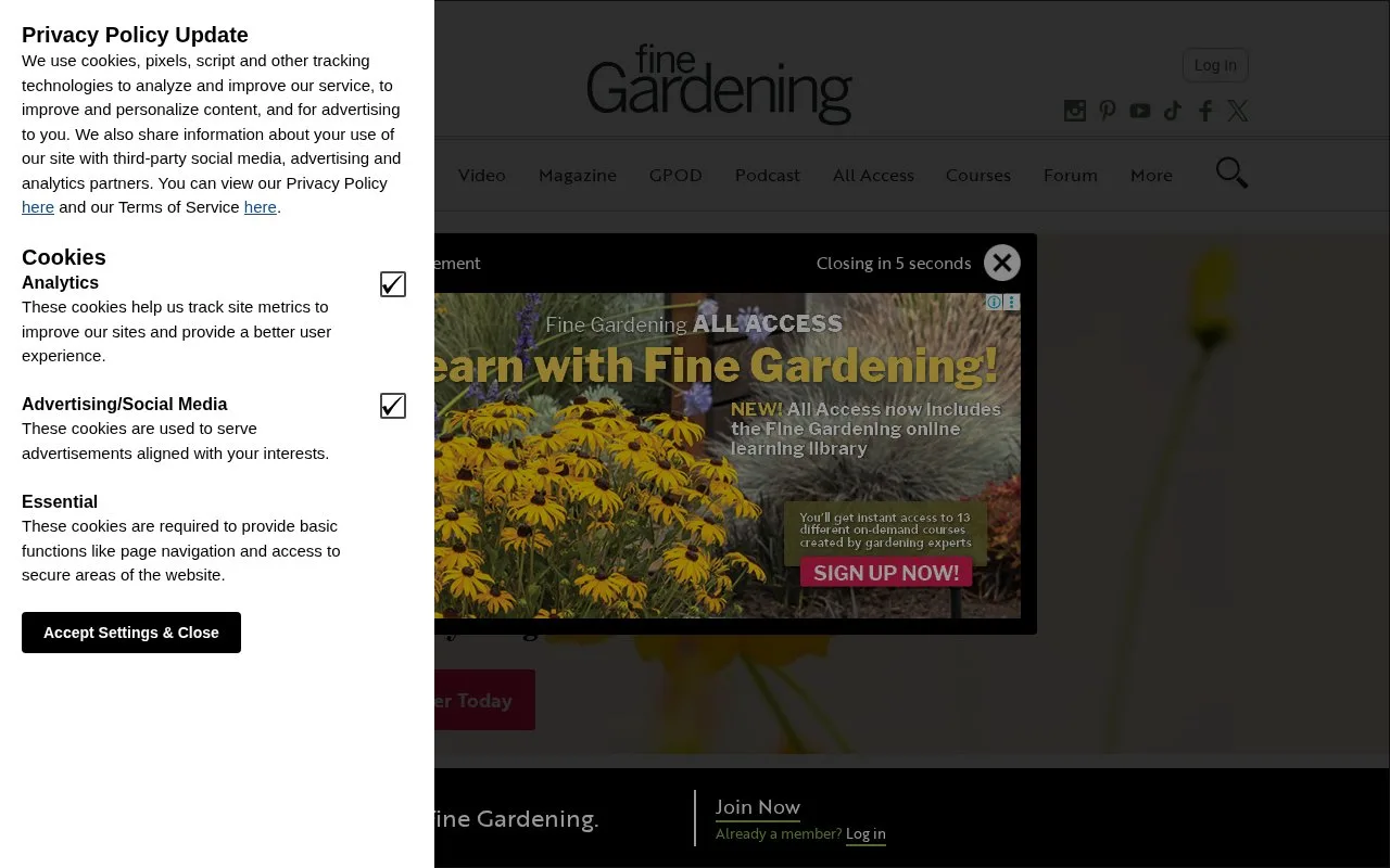 Screenshot of the Fine Gardening homepage
