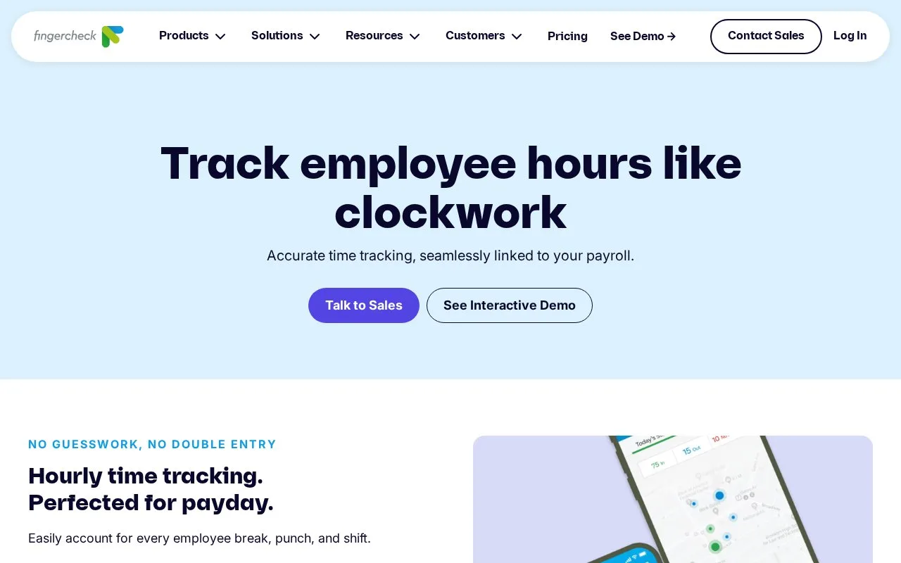 Screenshot of the Fingercheck Time & Attendance homepage
